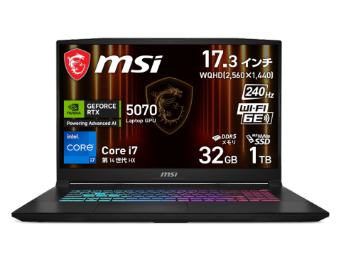 新品高速SSD512/ゲーミングノートPC/i7/GT520M/17型 16GB MSI MSI ゲーミングノート Katana 17 HX B14W Katana-17-HX-B14WGK