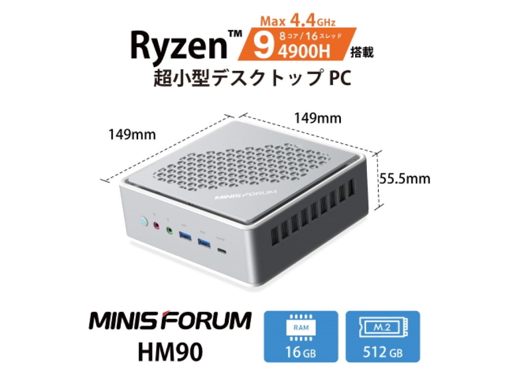 MINISFORUM HM90-16/512-W10Pro(4900H) Windows 10 Pro 64bit プリ