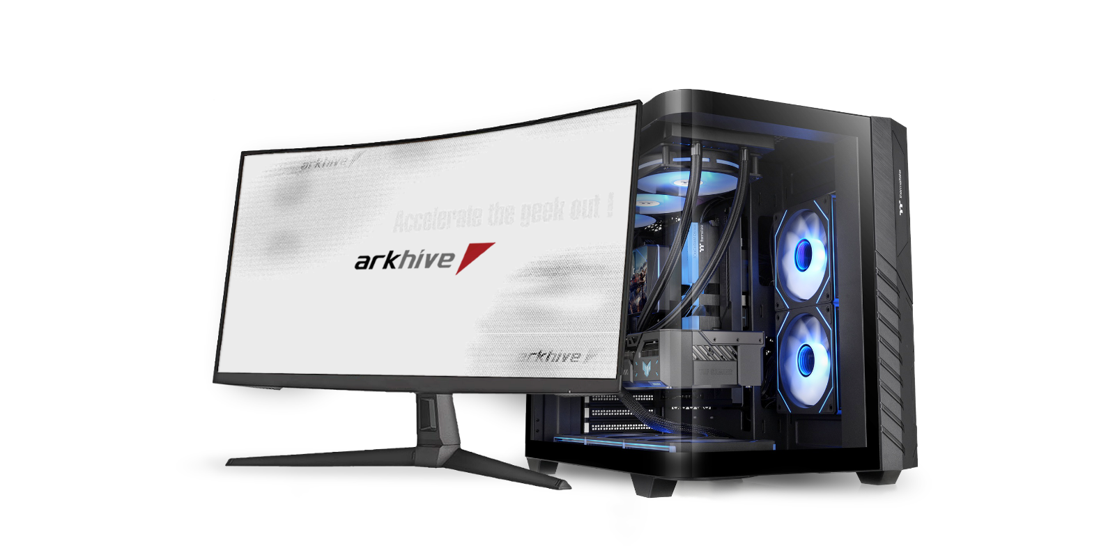 曲面ガラスパネルピラーレスデザインの arkhive ゲーミングPCの受注を