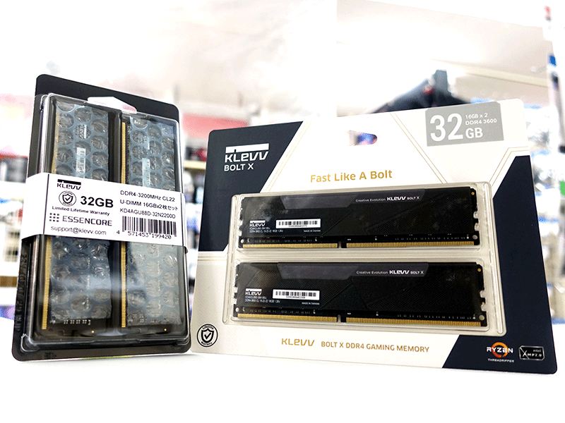 コスパに優れたKLEVVのDDR4メモリーにスタンダードな3200MHzとBOLTXな